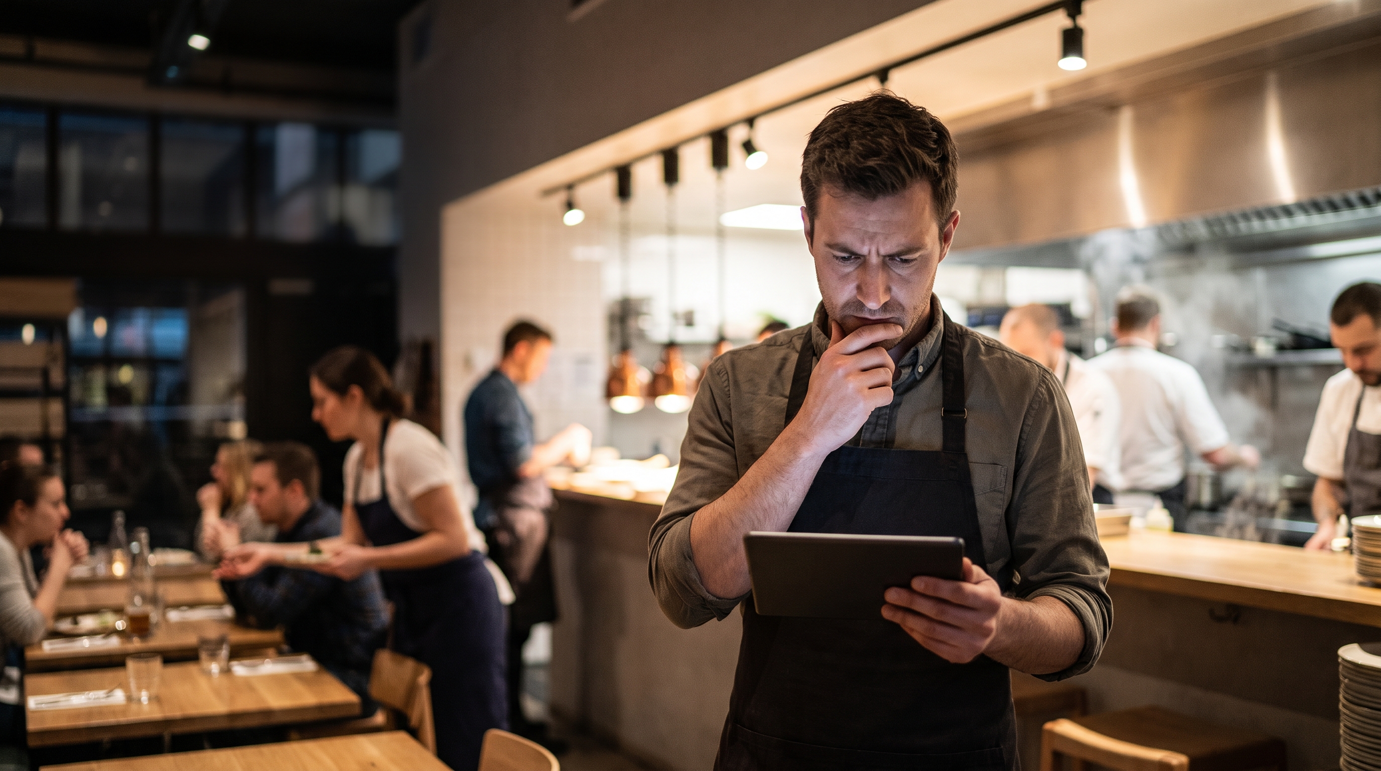 A restaurant server using a handheld ordering device during service.